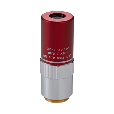Objective Working Distance 12.06mm 100X LCD Infinity Long Working Distance Plan Apochromatic NIR Objective, SKU Mitutoyo-378-754-15, three quarter front view