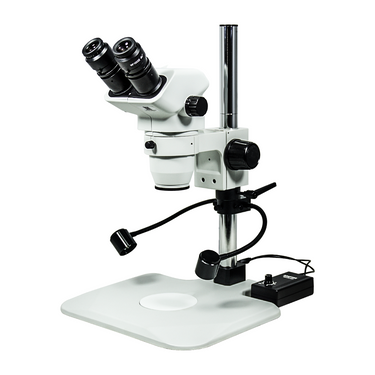 6.7-45X LED Light Post Stand Binocular Zoom Stereo Microscope, SKU SZ02060229, three quarter front view