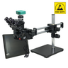 2.0 Megapixels 7-50X CMOS ESD Safe Dual Arm Stand Fluorescence Light ESD Trinocular Zoom Stereo Microscope, SKU SZ02090553, three quarter front view