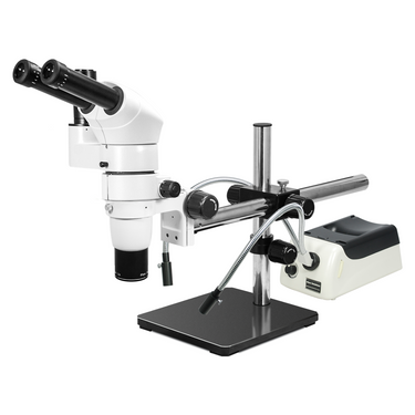 8-65X Halogen Light Boom Stand Trinocular Parallel Zoom Stereo Microscope, SKU PZ02040435, three quarter front view