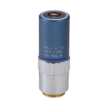 Objective Working Distance 10mm 80X Infinity Long Working Distance Plan Apochromatic UV Objective, SKU Mitutoyo-378-839-5, three quarter front view