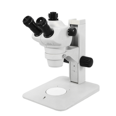 8X-50X Widefield Zoom Stereo Microscope, Trinocular, Track Stand (Track Length 300mm) Rectangle Base, SKU SZ02030044, three quarter front view
