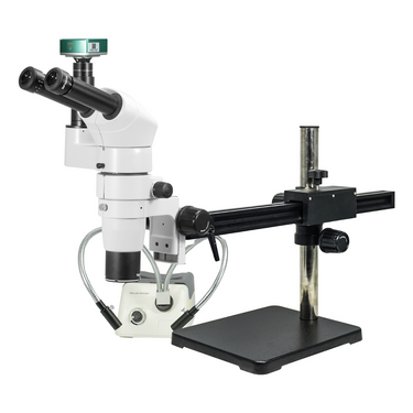 2.0 Megapixels 8-80X CMOS Ball Bearing Boom Stand Halogen Light Trinocular Parallel Zoom Stereo Microscope, SKU PZ02080273, three quarter front view