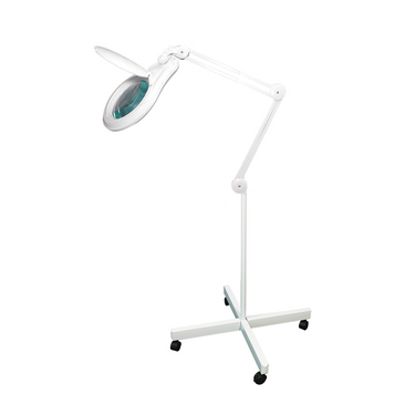 8 Diopter (3X) LED Magnifying Lamp with Rolling Floor Stand - 5-inch Glass Lens and Flip Cover, SKU MG16323321, three quarter front view