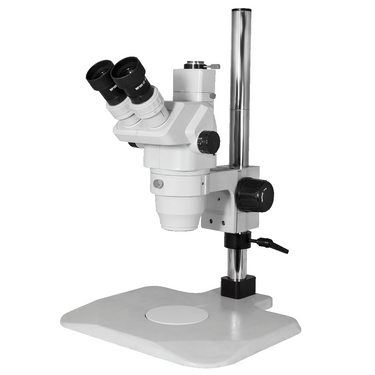 6.7-45X Post Stand Trinocular Zoom Stereo Microscope, SKU SZ02020231, three quarter front view
