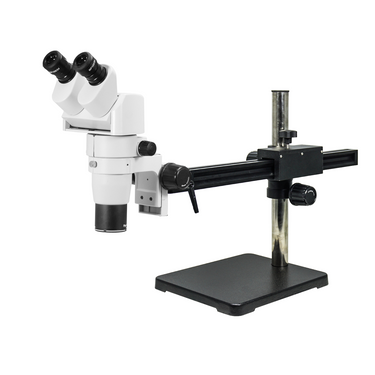 8-65X Ball Bearing Boom Stand Binocular Parallel Zoom Stereo Microscope, SKU PZ02080242, three quarter front view