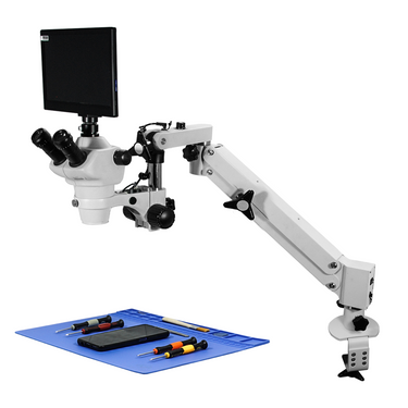 2.0 Megapixels 4-50X CMOS Pneumatic Arm Trinocular Zoom Stereo Microscope, SKU SZ02030756, three quarter front view