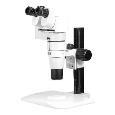 8-80X Track Stand Trinocular Parallel Zoom Stereo Microscope, SKU PZ02020236, three quarter front view