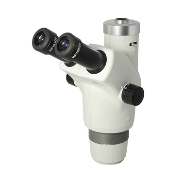 6-50X Zoom Stereo Microscope Head, Trinocular, Field of View 23mm Working Distance 115mm, SKU SZ04031131, three quarter front view