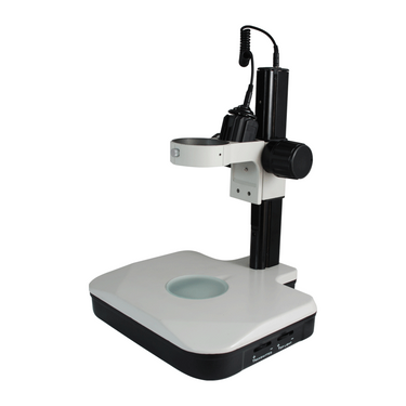 Microscope Track Stand, 76mm Coarse Focus Rack, Top and Bottom Light, Halogen and Fluorescent, SKU ST02031202, three quarter front view