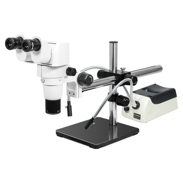 8-80X Halogen Light Boom Stand Binocular Parallel Zoom Stereo Microscope, SKU PZ02040463, three quarter front view