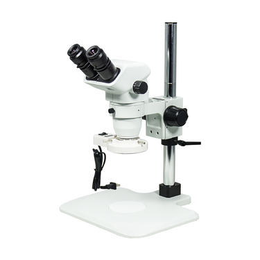 6.7-45X Post Stand Fluorescence Light Binocular Zoom Stereo Microscope, SKU SZ02060225, three quarter front view