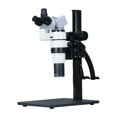 5-50X Curved Arm Stand Trinocular Parallel Zoom Stereo Microscope, SKU PZ02020171, three quarter front view