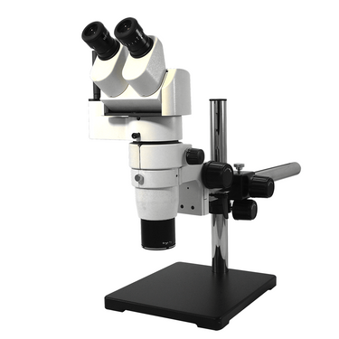 8X-80X Widefield Parallel Zoom Stereo Microscope, Trinocular, Single Arm Boom Stand + Single Port Photo/Video Beam Splitter, Siedentopf 0-35° Viewing Angle, SKU PZ02040432, three quarter front view