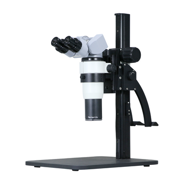 5-50X Curved Arm Stand Binocular Parallel Zoom Stereo Microscope, SKU PZ02020161, three quarter front view
