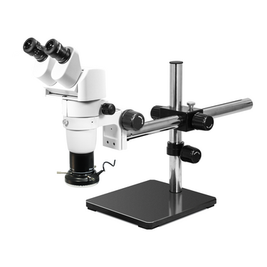 8-50X LED Light Boom Stand Binocular Parallel Zoom Stereo Microscope, SKU PZ02040444, three quarter front view