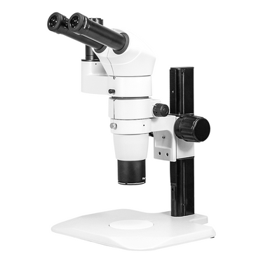 8-80X Track Stand Trinocular Parallel Zoom Stereo Microscope, SKU PZ02020233, three quarter front view