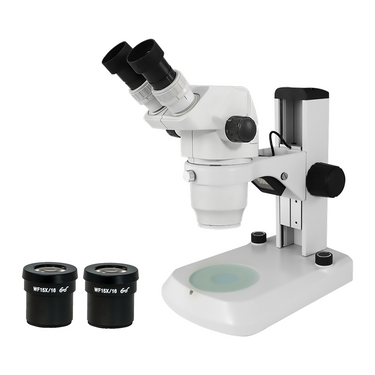 6.7-67.5X Track Stand LED Dual Illuminated Light Binocular Zoom Stereo Microscope, SKU SZ02020081, three quarter front view