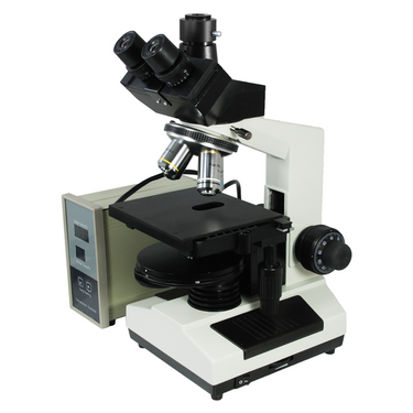 40X-1600X Phase Contrast Lab Microscope, Trinocular, LED Light + Temperature Control Stage, SKU PH13040322, three quarter front view