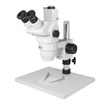 6.7-45X Post Stand Trinocular Zoom Stereo Microscope, SKU SZ05010133, three quarter front view