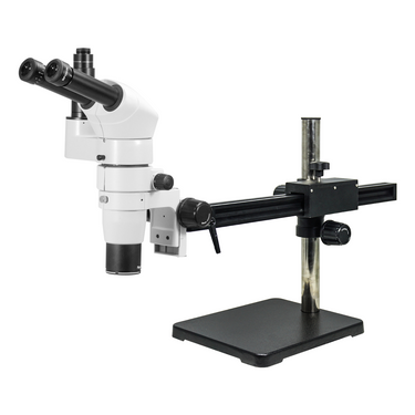 8-80X Ball Bearing Boom Stand Trinocular Parallel Zoom Stereo Microscope, SKU PZ02080233, three quarter front view