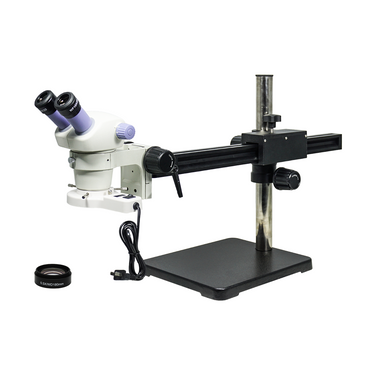 3.5-30X Ball Bearing Boom Stand Fluorescence Light Binocular Zoom Stereo Microscope, SKU SZ02080442, three quarter front view