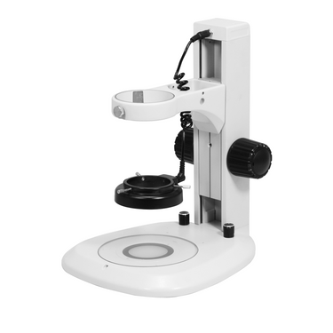 Microscope Track Stand, 76mm Coarse Focus Rack, LED Ring Light, LED Light Base, Fan-Shape (Dimmable), SKU ST17031201, three quarter front view