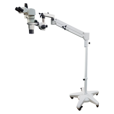 8-50X Pneumatic Arm Trinocular Parallel Zoom Stereo Microscope, SKU PZ02070131, three quarter front view