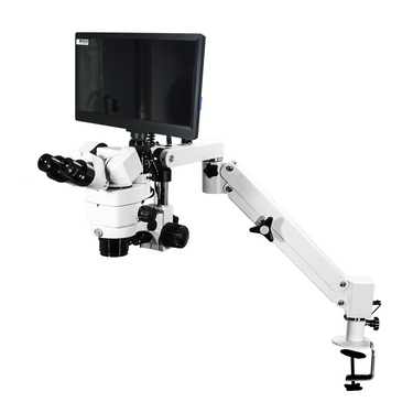 2.0 Megapixels 3.44X/6.25X/10.94X/18.75X/34.38X CMOS LED Light LED Coaxial Reflection Light Pneumatic Arm Trinocular Parallel Multiple Power Operation Stereo Microscope, SKU SM51030132, three quarter front view