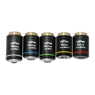 Infinity Long Working Distance Plan Achromatic Metallurgical Objective Set, SKU MT05113031, three quarter front view