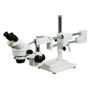 7X-45X Widefield Zoom Stereo Microscope, Binocular, Double Arm Boom Stand with Arbor, SKU SZ05030124, three quarter front view