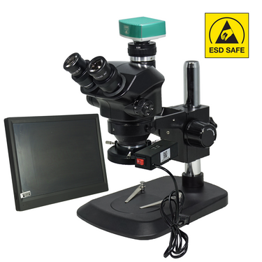 2.0 Megapixels 7-50X CMOS ESD Safe Post Stand Fluorescence Light ESD Trinocular Zoom Stereo Microscope, SKU SZ02090133, three quarter front view