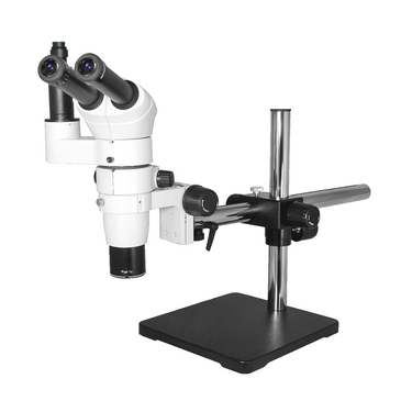 8X-80X Widefield Parallel Zoom Stereo Microscope, Trinocular, Single Arm Boom Stand + Single Port Photo/Video Beam Splitter, Compensating 20° Viewing Angle, SKU PZ02040431, three quarter front view
