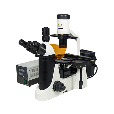 100X-400X Inverted Fluorescence Microscope, Trinocular, Dual Light HM, SKU FM03030303, three quarter front view