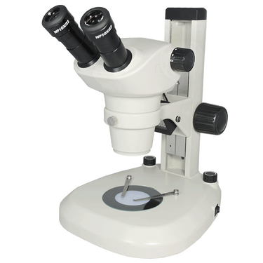 6X-50X Widefield Zoom Stereo Microscope, Binocular, Track Stand, LED Top and Bottom Light, SKU SZ04030122, three quarter front view