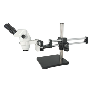 6.5X-45X Super Widefield Zoom Stereo Microscope, Binocular, Double Arm Boom Stand, SKU SZ02020561, three quarter front view