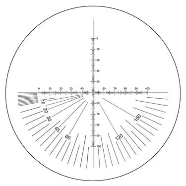 Microscope Eyepiece Reticle Cross Line Micrometer Ruler, 180° Angle, Dual Axis Crosshair Scale Dia. 20mm, 10mm/100 Div., SKU RT20121121, three quarter front view