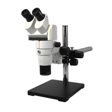 8X-80X Widefield Parallel Zoom Stereo Microscope, Binocular, Single Arm Boom Stand, Compensating 20° Viewing Angle, SKU PZ02040422, three quarter front view