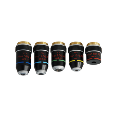 Infinity-Corrected Plan Achromatic POL Polarizing Microscope Objective Lens Set (Spring) 4X 10X 20X 40X 60X with Black Finish, SKU PL04053031, three quarter front view