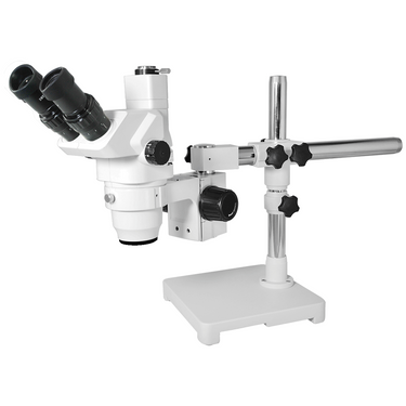6.5X-45X Super Widefield Zoom Stereo Microscope, Trinocular, Single Arm Boom Stand with Arbor, SKU SZ02020475, three quarter front view