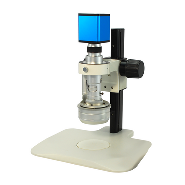 0.65-4.5X Industrial Inspection 3D Video Microscope + HDMI Digital Camera, Track Stand, SKU TD02020101, three quarter front view