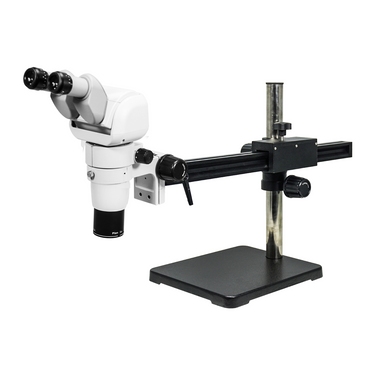 8-65X Ball Bearing Boom Stand Binocular Parallel Zoom Stereo Microscope, SKU PZ02140122, three quarter front view