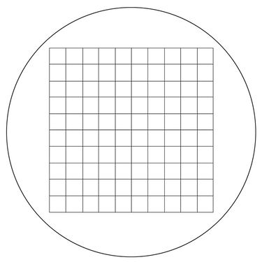 Microscope Eyepiece Reticle Net Grid Micrometer 10x10mm, 100 Squares, Dia. 27mm 1.5mm, SKU RT20105191, three quarter front view