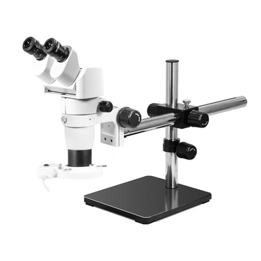 8-65X Boom Stand Fluorescence Light Binocular Parallel Zoom Stereo Microscope, SKU PZ02040442, three quarter front view