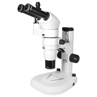 8X-80X Widefield Parallel Zoom Stereo Microscope, Trinocular, Track Stand + Single Port Photo/Video Beam Splitter, Compensating 20° Viewing Angle, SKU PZ04010331, three quarter front view