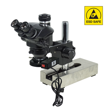 7-50X ESD Safe Gliding Base Stand Fluorescence Light ESD Trinocular Zoom Stereo Microscope, SKU SZ02090232, three quarter front view
