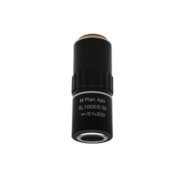 100X Infinity-Corrected Super-Long Working Distance (M Plan APO) Apochromatic Metallurgical Microscope Objective Lens Working Distance 12.5mm, SKU MT06033841, three quarter front view