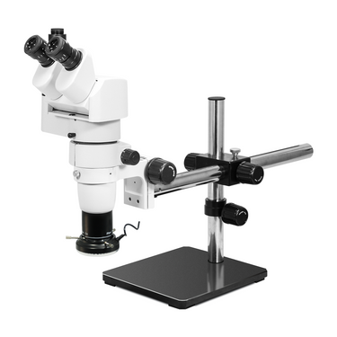 8-65X LED Light Boom Stand Trinocular Parallel Zoom Stereo Microscope, SKU PZ02040452, three quarter front view