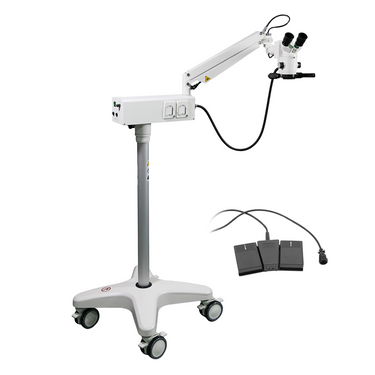 5.3X/8X/12X Halogen Coaxial Reflection Light Pneumatic Arm Floor Stand Binocular Parallel Multiple Power Surgical Microscope (Foot Control: Focus), SKU SM51050192, three quarter front view