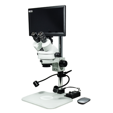 2.0 Megapixels 7-45X CMOS LED Light Post Stand Trinocular Zoom Stereo Microscope, SKU SZ02010252, three quarter front view